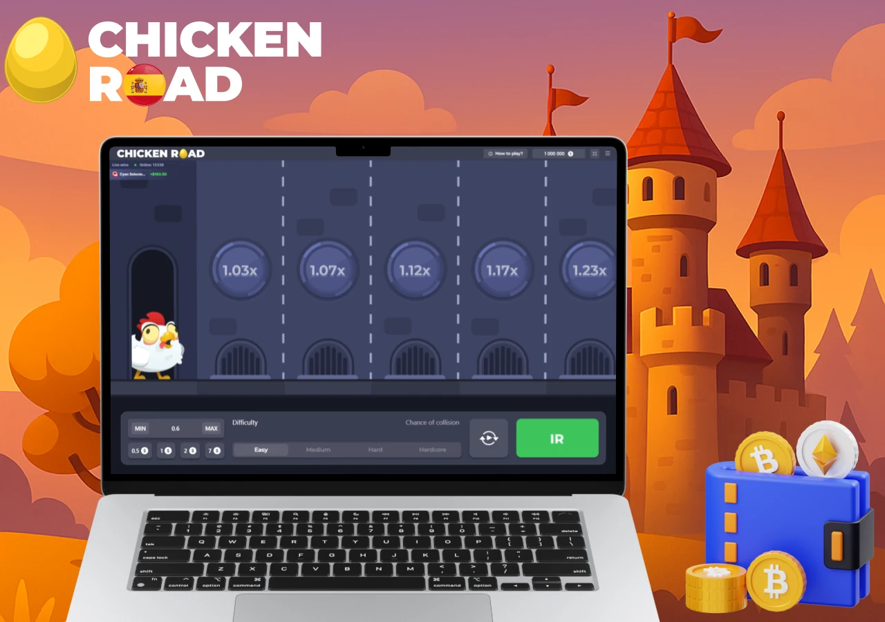 Interfaz de Chicken Road con ícono de billetera digital y monedas Bitcoin y Ethereum sobre fondo de castillo